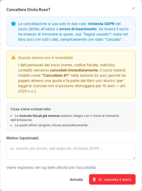 Modale di cancellazione per un socio che ha già pagato: solo soft delete con anonimizzazione