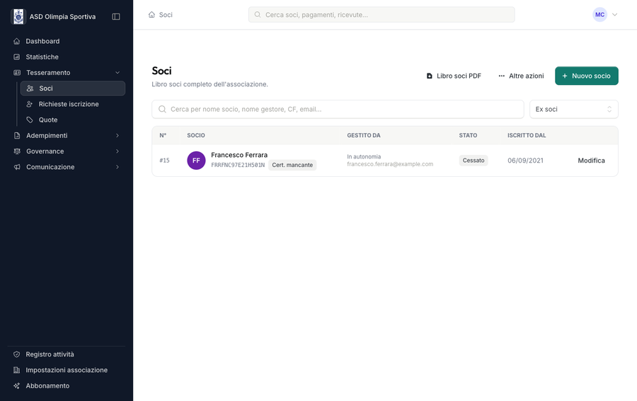 Sezione Ex soci con elenco dei soci cessati e cancellati