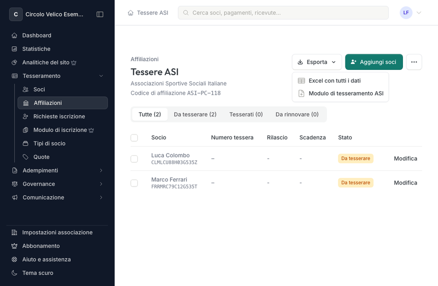 Menu Esporta della pagina dell'ente ASI con Excel con tutti i dati e Modulo di tesseramento ASI