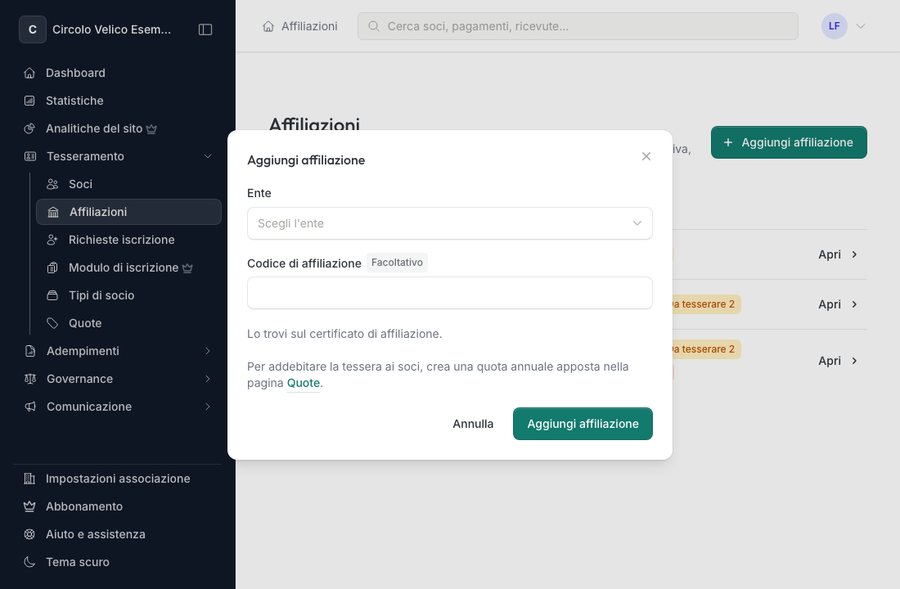 Finestra Aggiungi affiliazione con la scelta dell'ente e il codice di affiliazione
