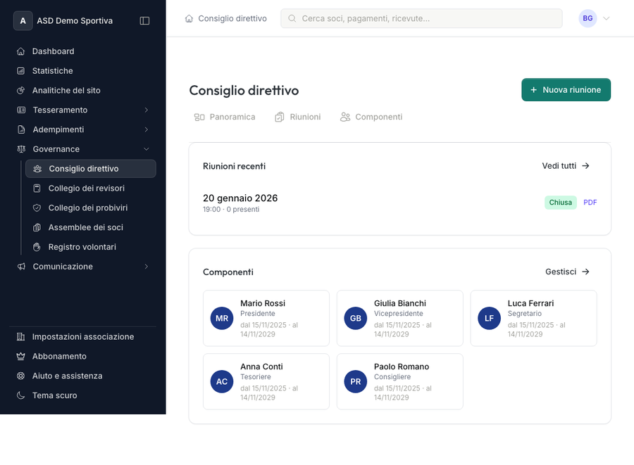 Panoramica del consiglio direttivo con il pulsante Nuova riunione, le riunioni recenti e i componenti in carica con le iniziali