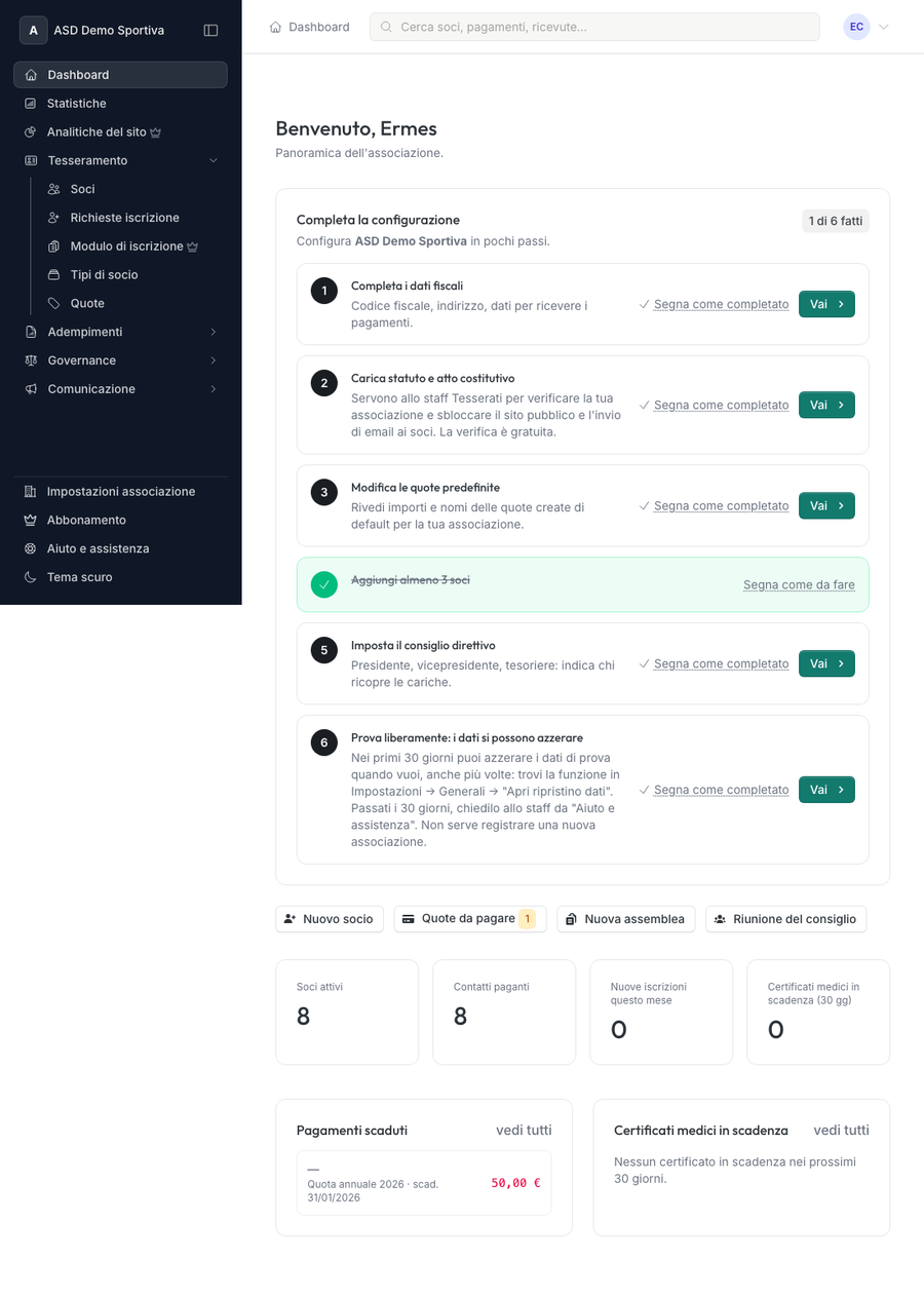 Dashboard di Tesserati con checklist iniziale, azioni rapide e statistiche dell'associazione
