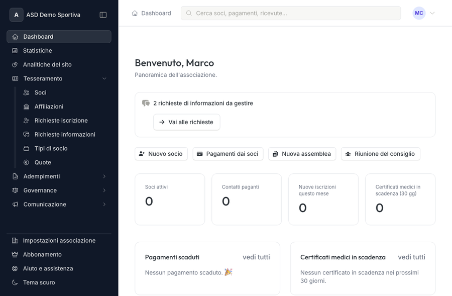 Dashboard con l'avviso delle richieste di informazioni da gestire e il pulsante Vai alle richieste