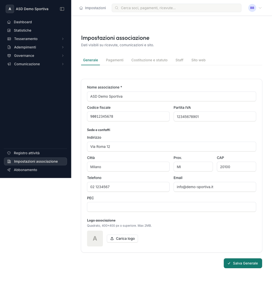 Pagina Impostazioni associazione con i dati fiscali
