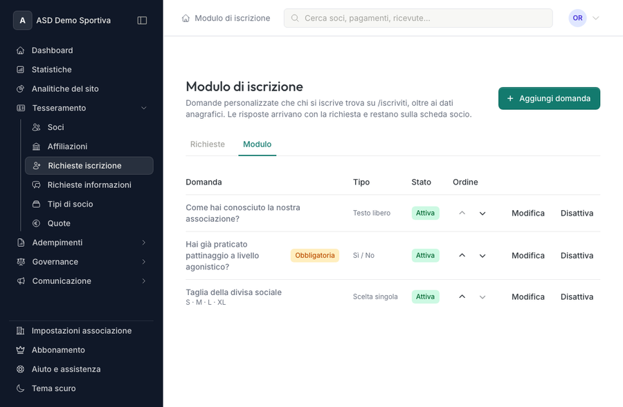 Scheda Modulo della pagina Richieste di iscrizione con le domande personalizzate del modulo