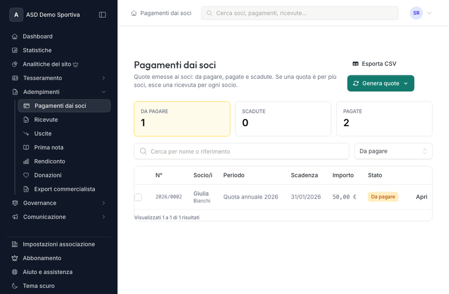 Elenco delle quote emesse con quote annuali e mensili dei soci e il menu Genera quote
