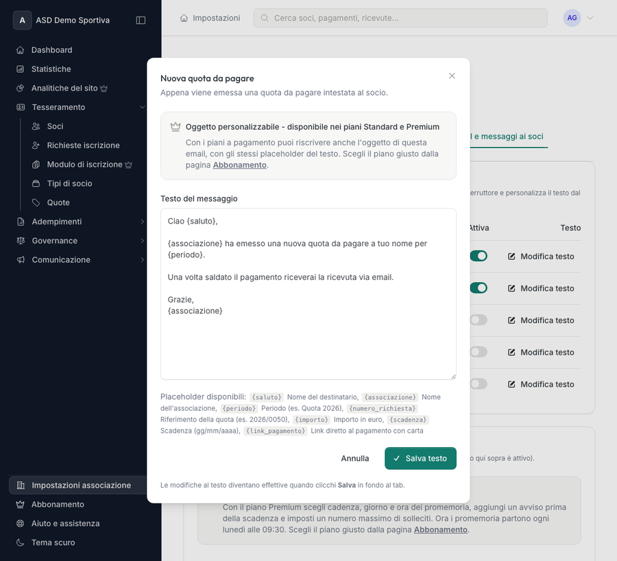 Editor del testo dell'email con l'elenco dei segnaposti, incluso link_pagamento