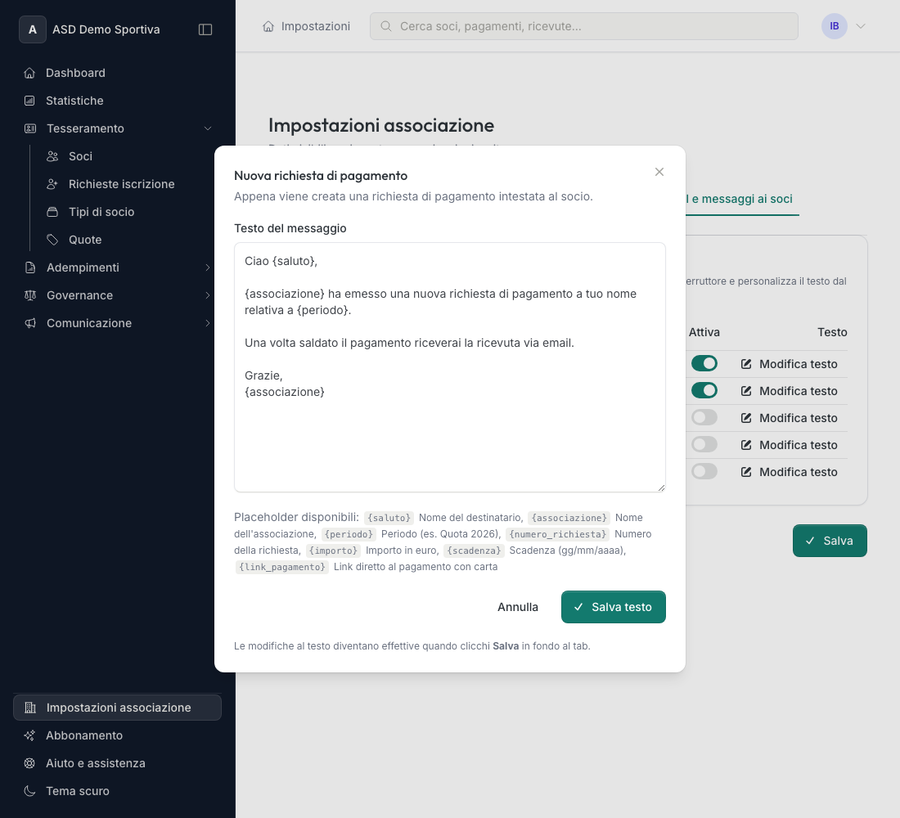 Editor del testo dell'email con l'elenco dei segnaposti, incluso link_pagamento
