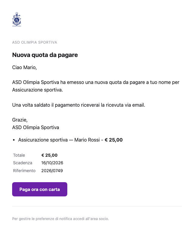 Email di nuova quota da pagare con il pulsante Paga ora con carta