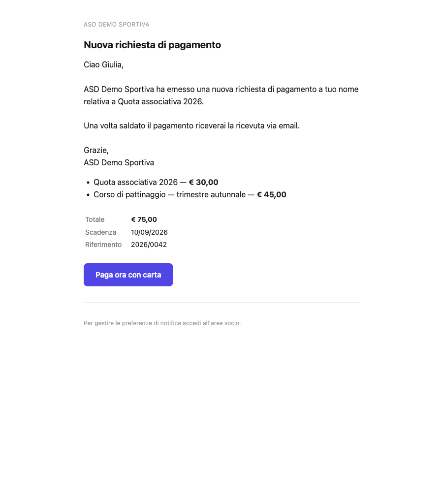 Email di nuova richiesta di pagamento con il pulsante Paga ora con carta