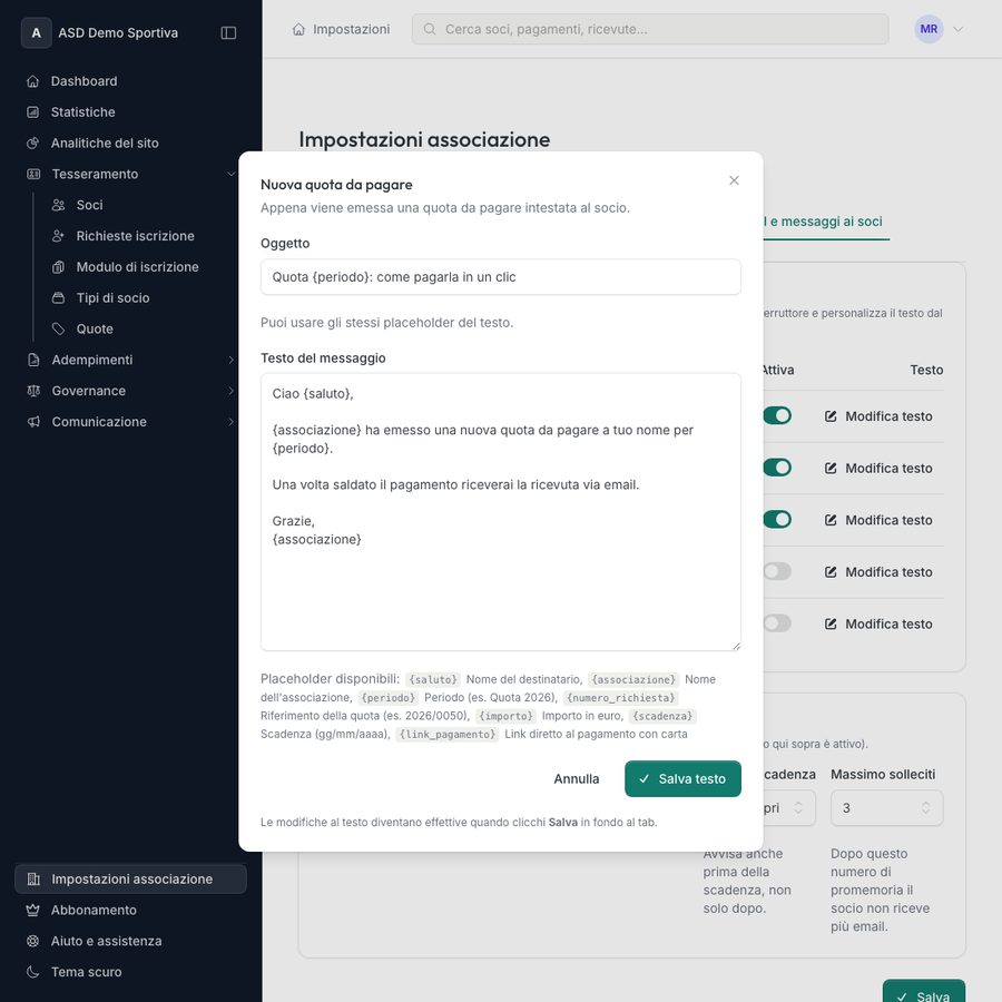 Editor del testo email con campo oggetto personalizzabile e placeholder disponibili