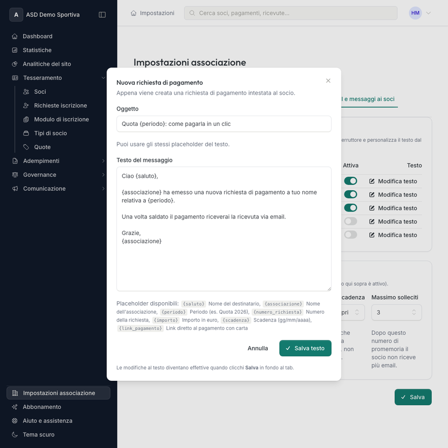 Editor del testo email con campo oggetto personalizzabile e placeholder disponibili