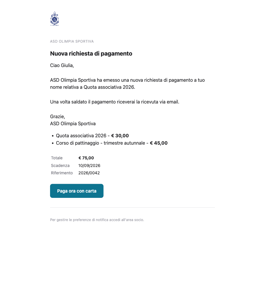 Email di richiesta pagamento con il logo dell'associazione e il pulsante nel colore personalizzato