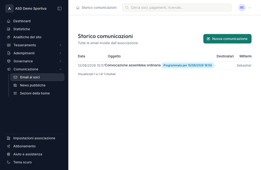 Storico comunicazioni con una comunicazione programmata e il pulsante per annullarla