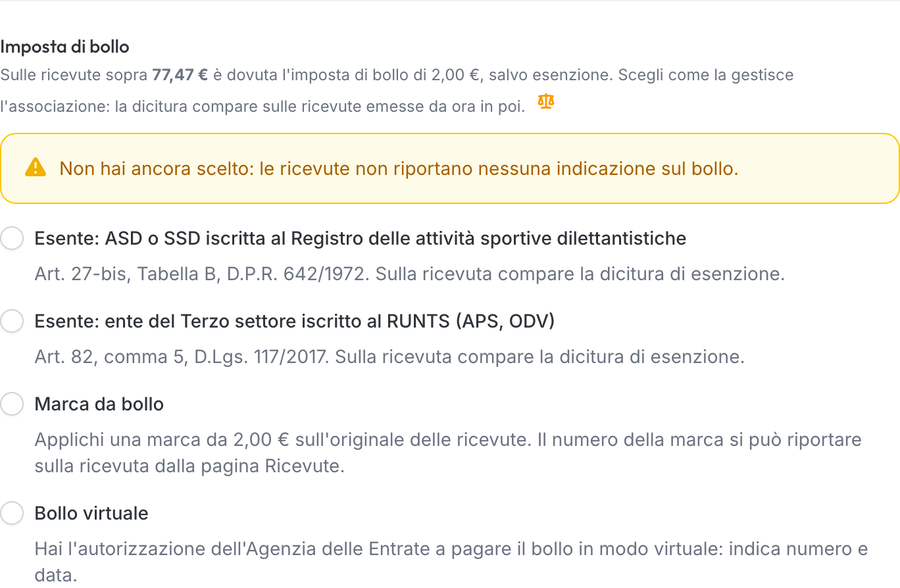 Sezione Imposta di bollo nelle impostazioni dei pagamenti, con l'avviso Non hai ancora scelto e le quattro modalità: esente ASD o SSD, esente ente del Terzo settore, Marca da bollo, Bollo virtuale