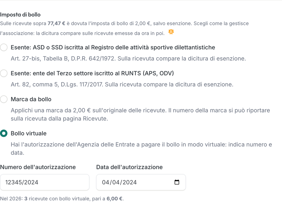 Sezione Imposta di bollo con Bollo virtuale scelto, numero e data dell'autorizzazione compilati e il conteggio: nel 2026 3 ricevute con bollo virtuale, pari a 6,00 euro