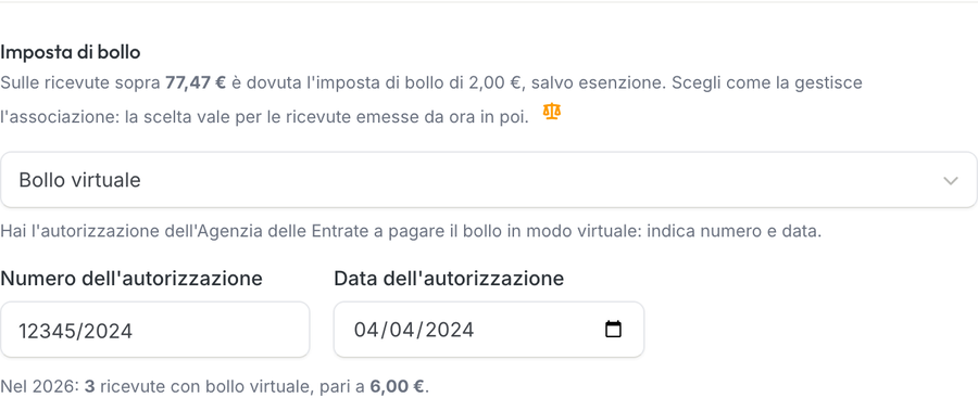Sezione Imposta di bollo con Bollo virtuale scelto nel menu, numero e data dell'autorizzazione compilati e il conteggio: nel 2026 3 ricevute con bollo virtuale, pari a 6,00 euro