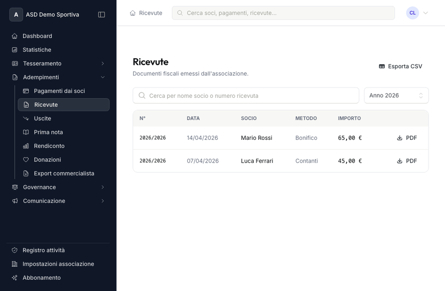 Elenco ricevute fiscali emesse con numerazione annuale