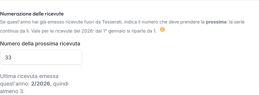 Sezione Numerazione delle ricevute nelle impostazioni, con il numero della prossima ricevuta impostato a 33