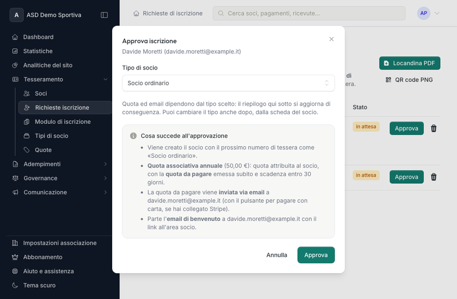Finestra di approvazione di una richiesta di iscrizione con la scelta del tipo di socio e il riepilogo di quota, quota da pagare ed email