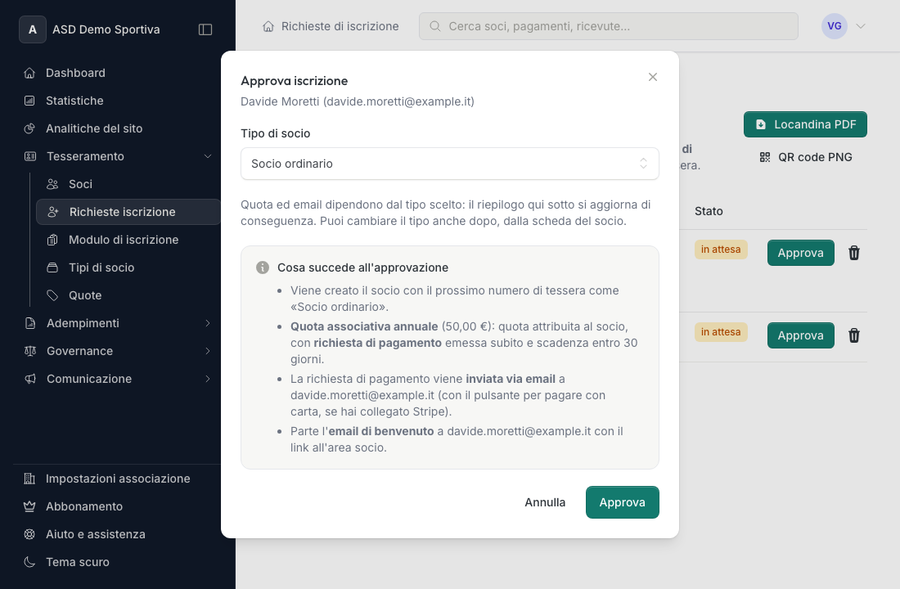Finestra di approvazione di una richiesta di iscrizione con la scelta del tipo di socio e il riepilogo di quota, richiesta di pagamento ed email