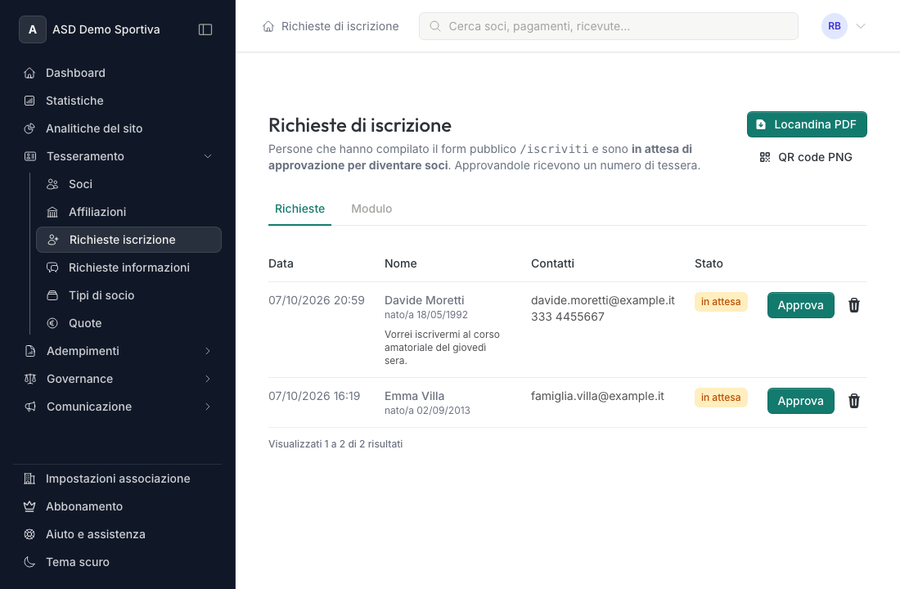 Elenco delle richieste di iscrizione in attesa di approvazione, con le schede Richieste e Modulo
