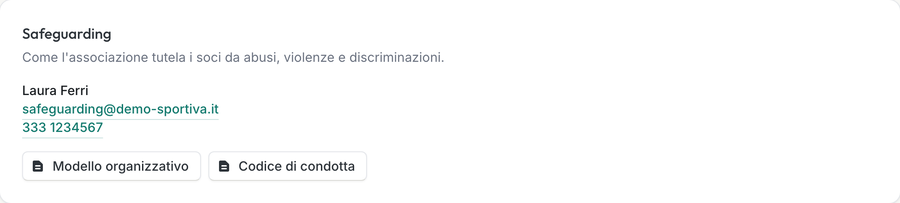Scheda Safeguarding nella home dell'area socio con il responsabile, email, telefono e i collegamenti al modello organizzativo e al codice di condotta