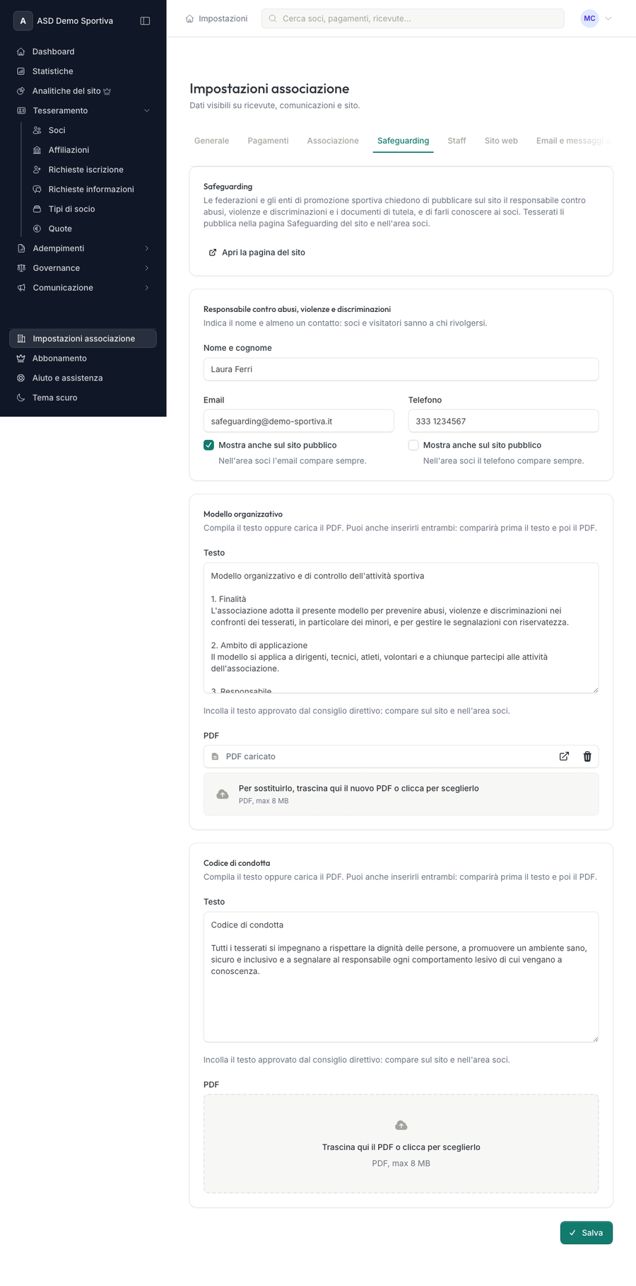 Scheda Safeguarding delle impostazioni con il responsabile, i contatti e i due documenti con testo e PDF