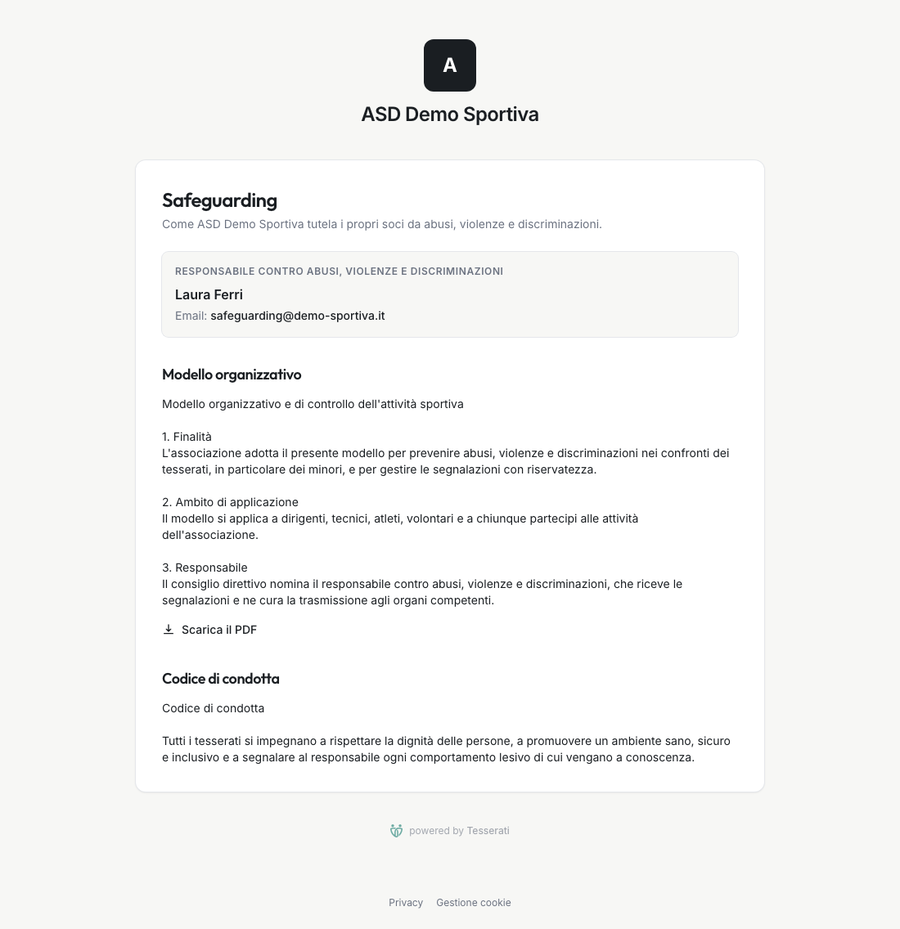 Pagina Safeguarding del sito di un'associazione con il responsabile, l'email e il modello organizzativo con il collegamento al PDF