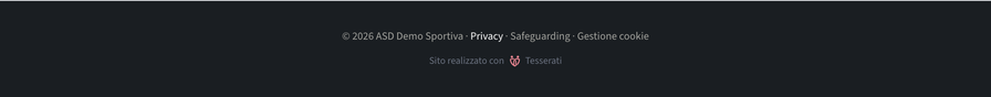 Piede della home del sito dell'associazione con il collegamento Safeguarding accanto a Privacy