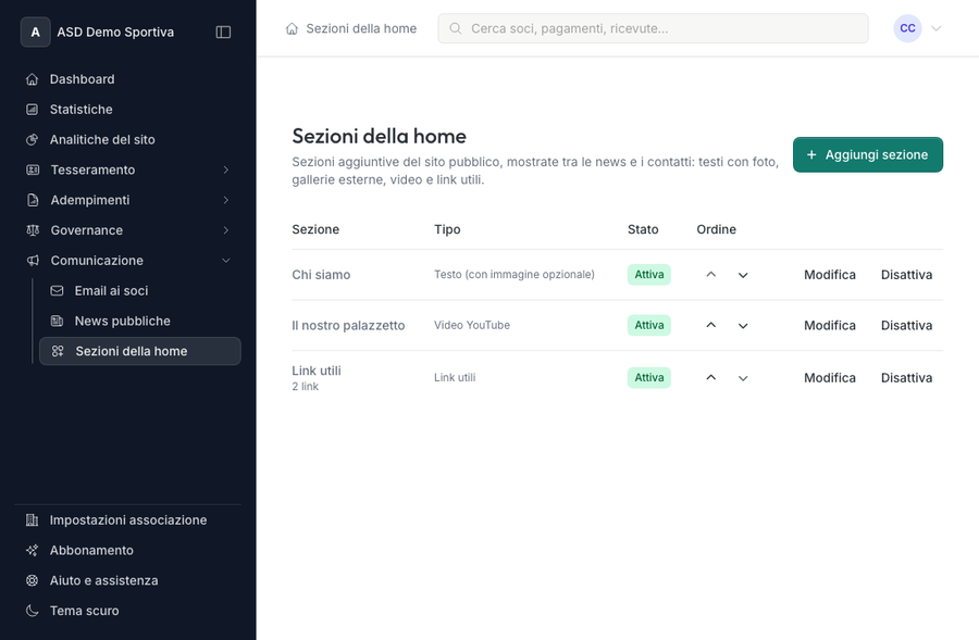 Gestione delle sezioni della home del sito pubblico