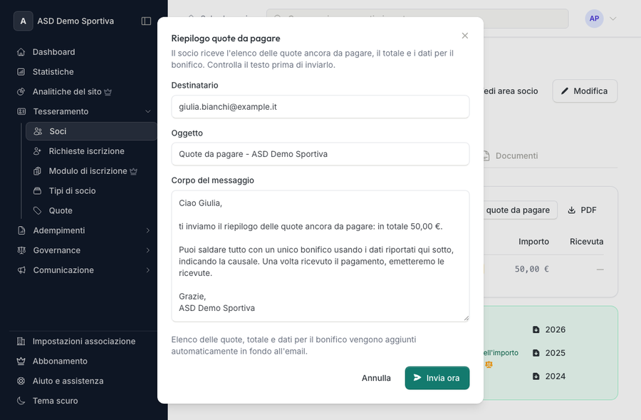 Anteprima del riepilogo quote da pagare con destinatario, oggetto e testo modificabile