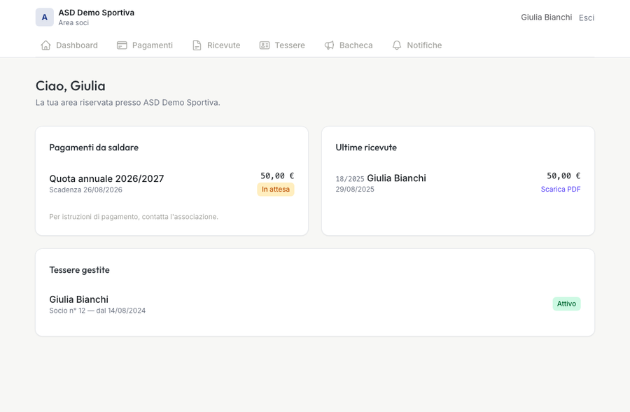 Dashboard dell'area socio con pagamenti da saldare, ultime ricevute e tessere gestite