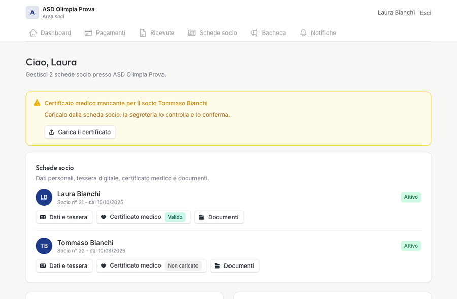 Dashboard dell'area socio con l'avviso del certificato medico mancante e le schede socio con i link diretti a dati, certificato medico e documenti