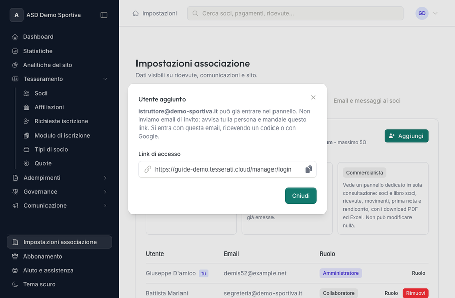 Conferma dopo l'aggiunta di un utente staff: nessuna email di invito, link di accesso dell'associazione da copiare e mandare alla persona