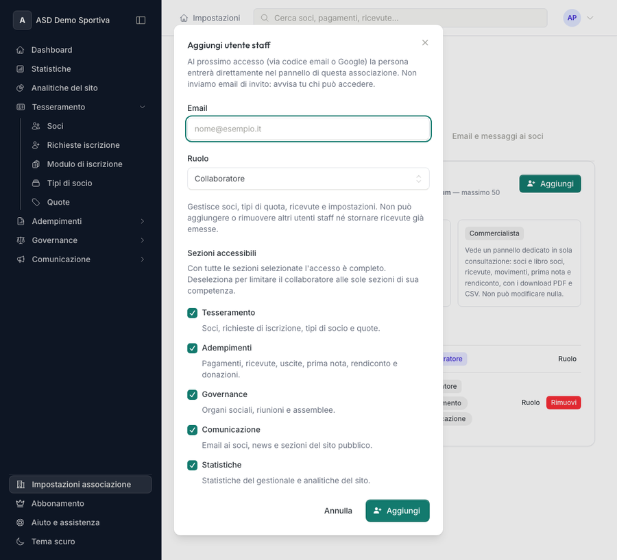 Modal di aggiunta utente staff con le sezioni accessibili selezionabili: tesseramento, adempimenti, governance, comunicazione, statistiche