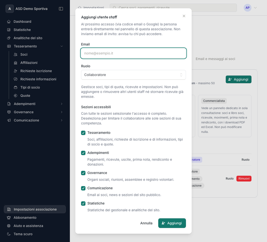 Modal di aggiunta utente staff con le sezioni accessibili selezionabili: tesseramento, adempimenti, governance, comunicazione, statistiche