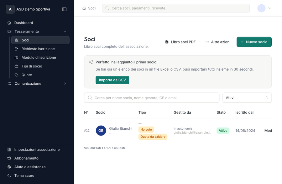 Pannello di un collaboratore limitato: nella sidebar compaiono solo le sezioni tesseramento e comunicazione