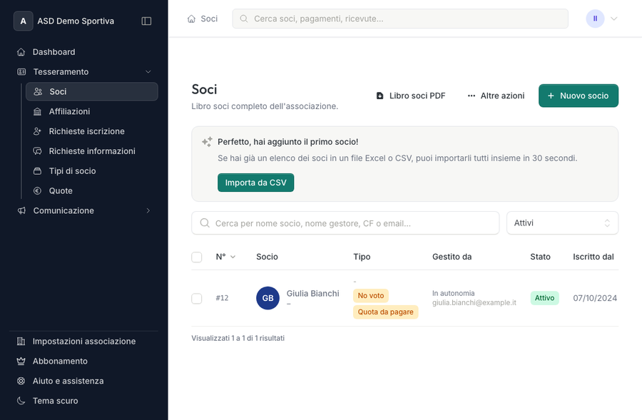 Pannello di un collaboratore limitato: nella sidebar compaiono solo le sezioni tesseramento e comunicazione
