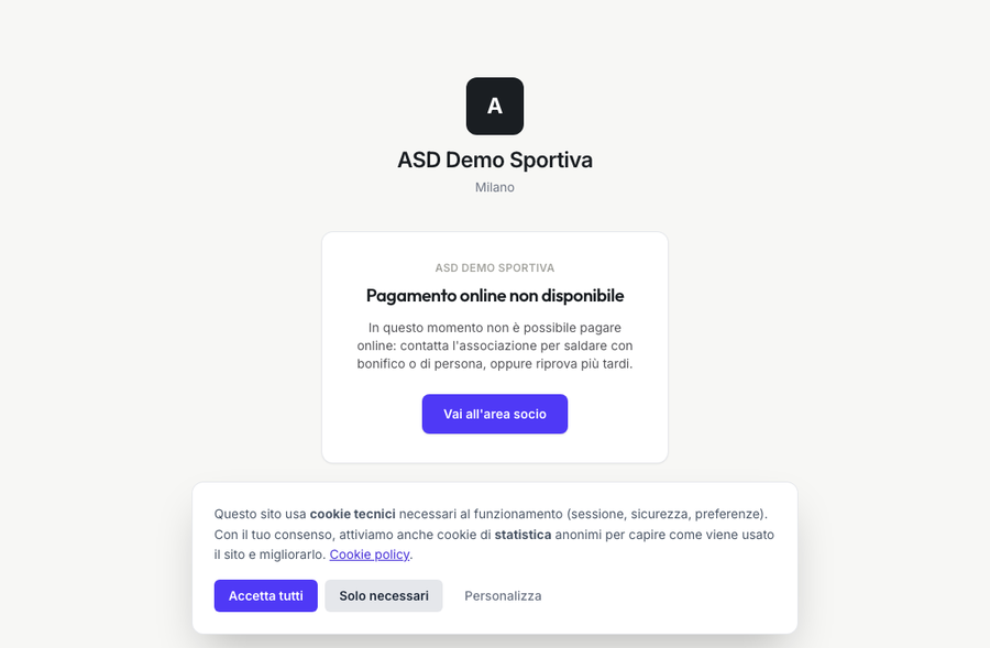 Pagina 'Pagamento online non disponibile' che vede il socio quando Stripe rifiuta il pagamento
